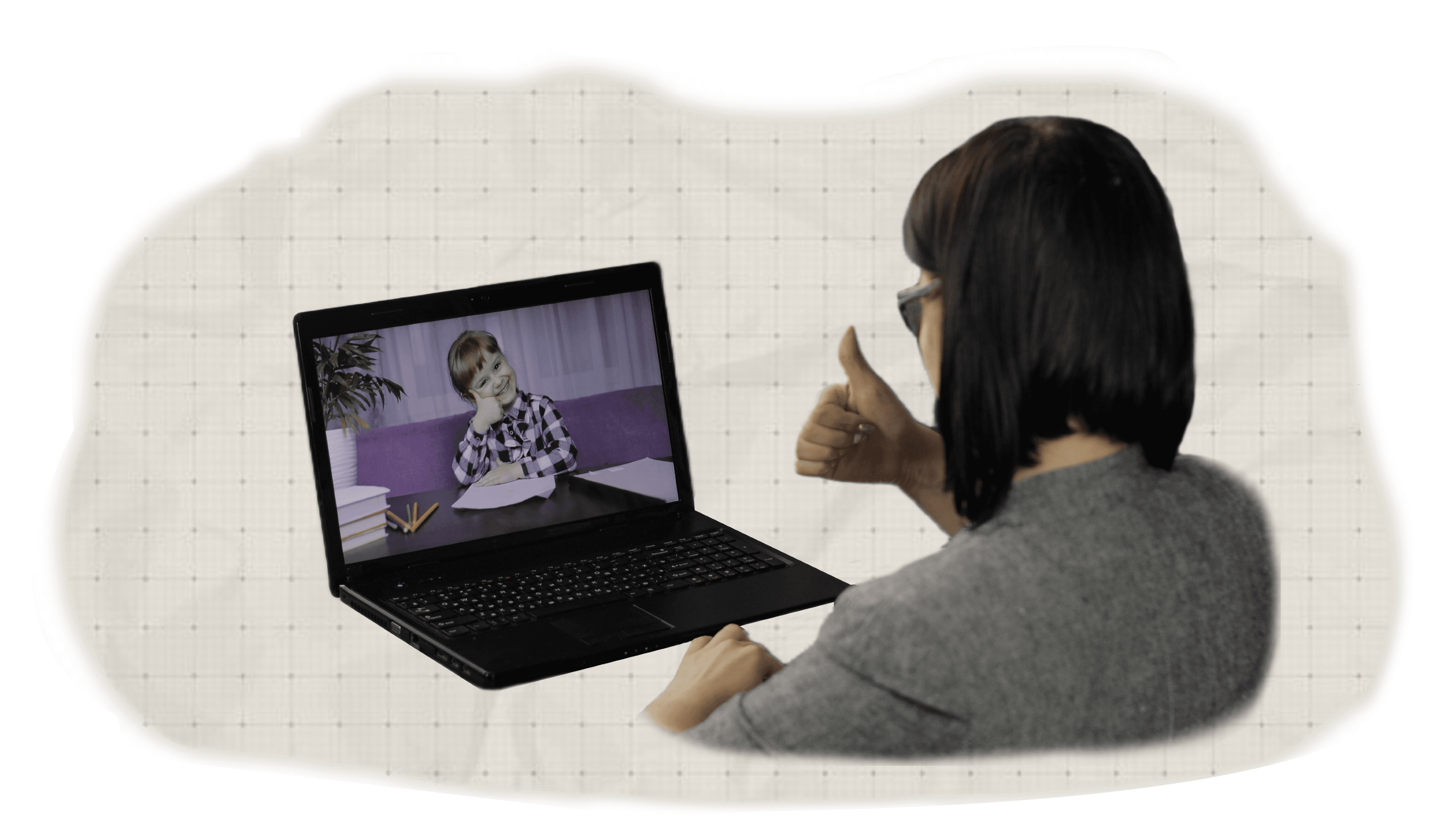 Online tutoring session framed inside a soft cloud shape